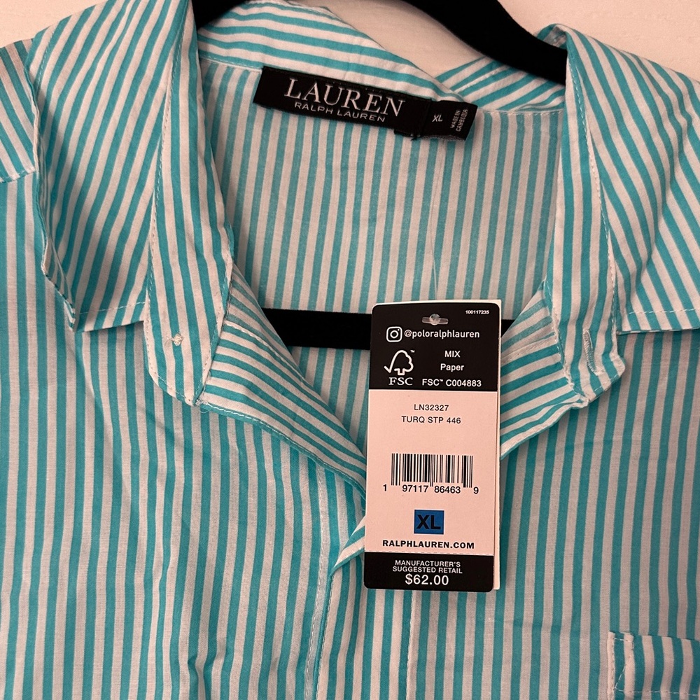 Lauren Ralph Lauren Turquoise and White Stripe Button-Down Shirt - Picture 2 of 2
